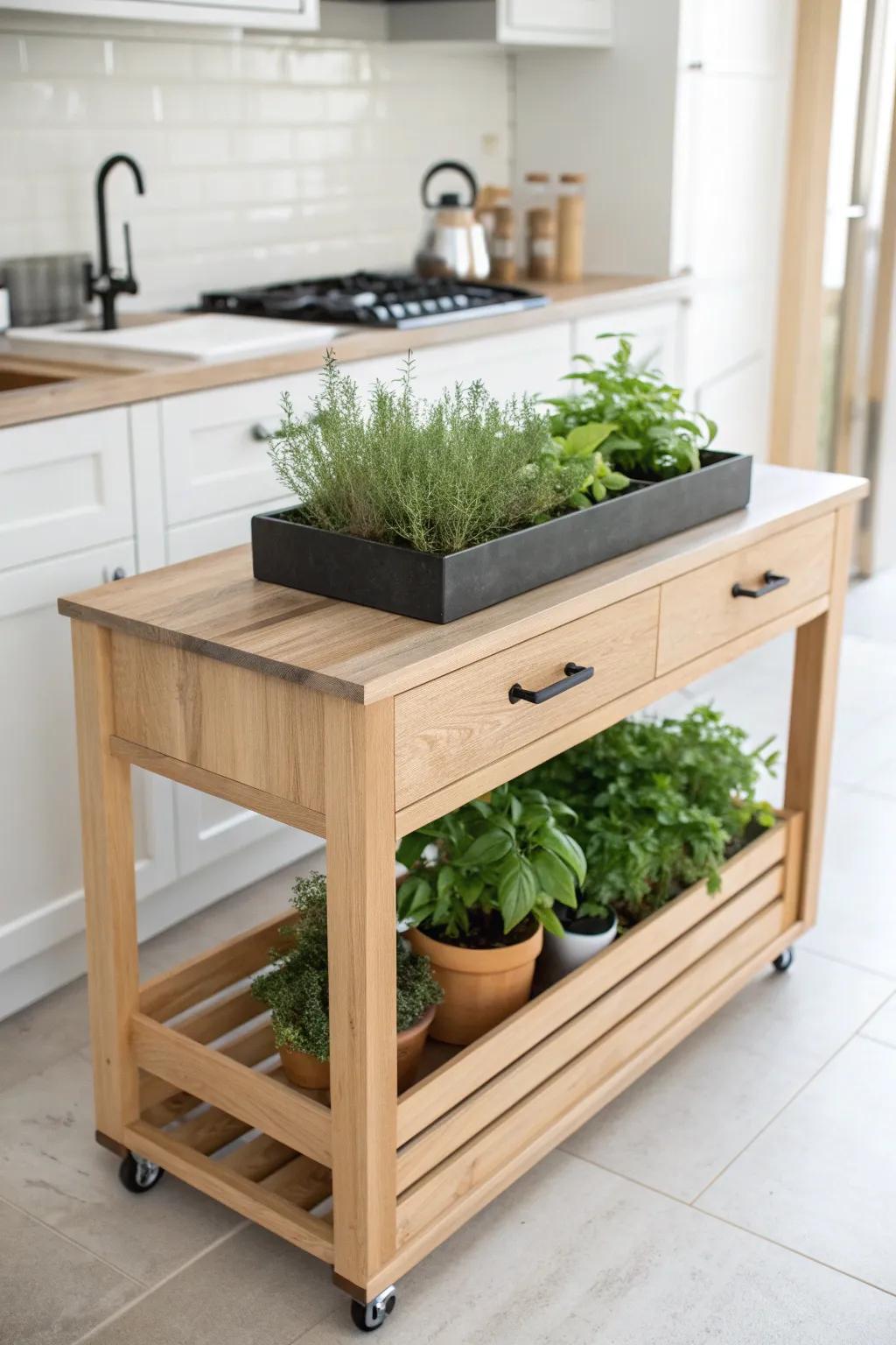 A rolling oak island with an inset herb trough—fresh greens right where you prep and chop.