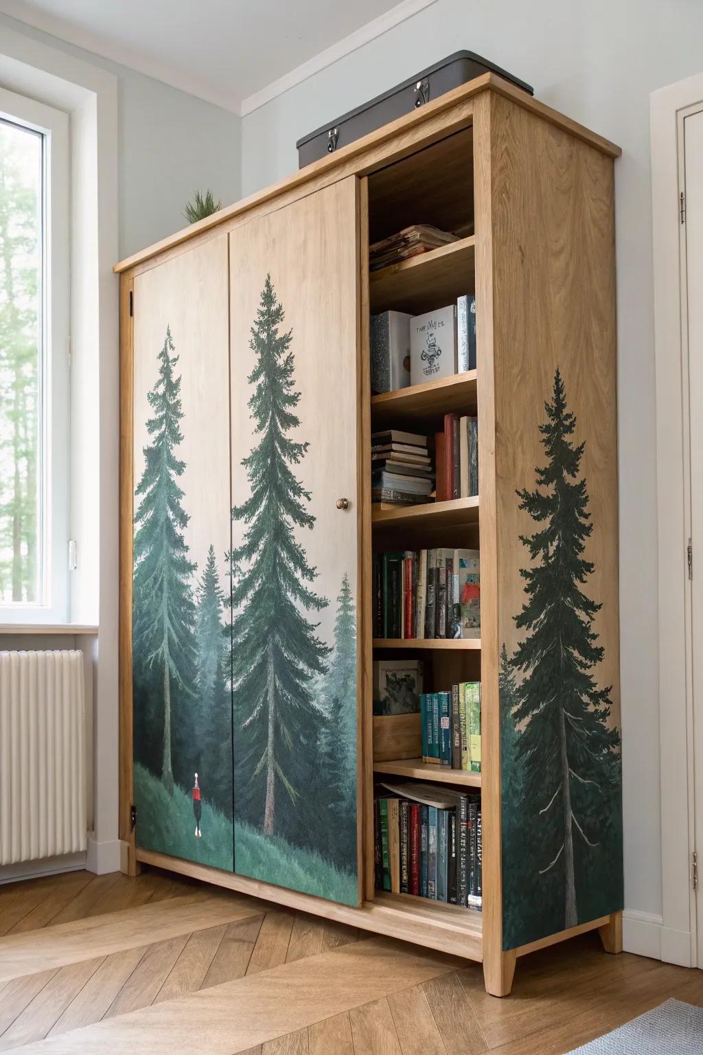 Hidden forest-portal bookshelf door—handcrafted wood magic for a serene, nature-themed kids nook.