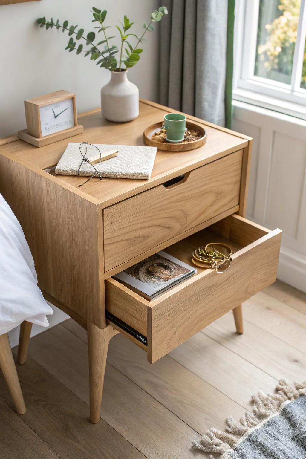 A sleek oak nightstand drawer with a hidden false-bottom layer for clutter-free organization.