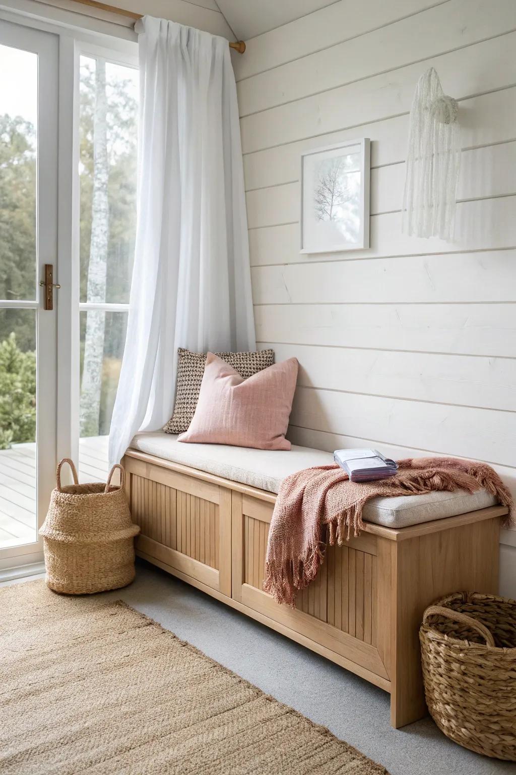 A sleek oak window seat with hidden storage—beautiful built-in style for a calm nursery.