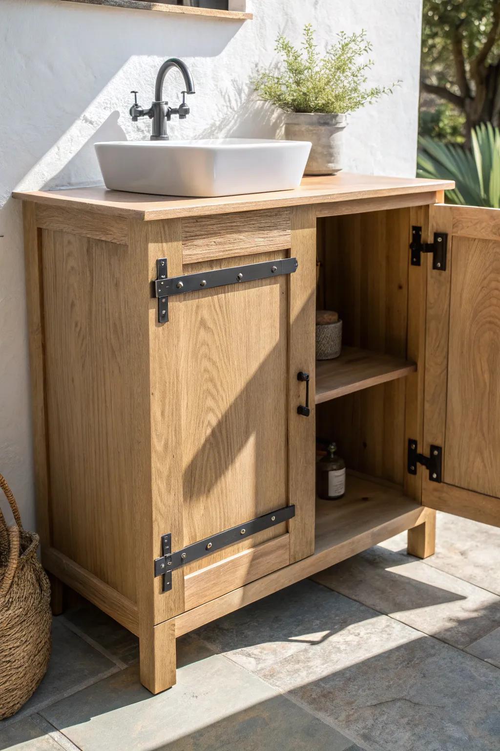 Open oak vanity with strap bracing—bold hardware detail that adds stability and style.