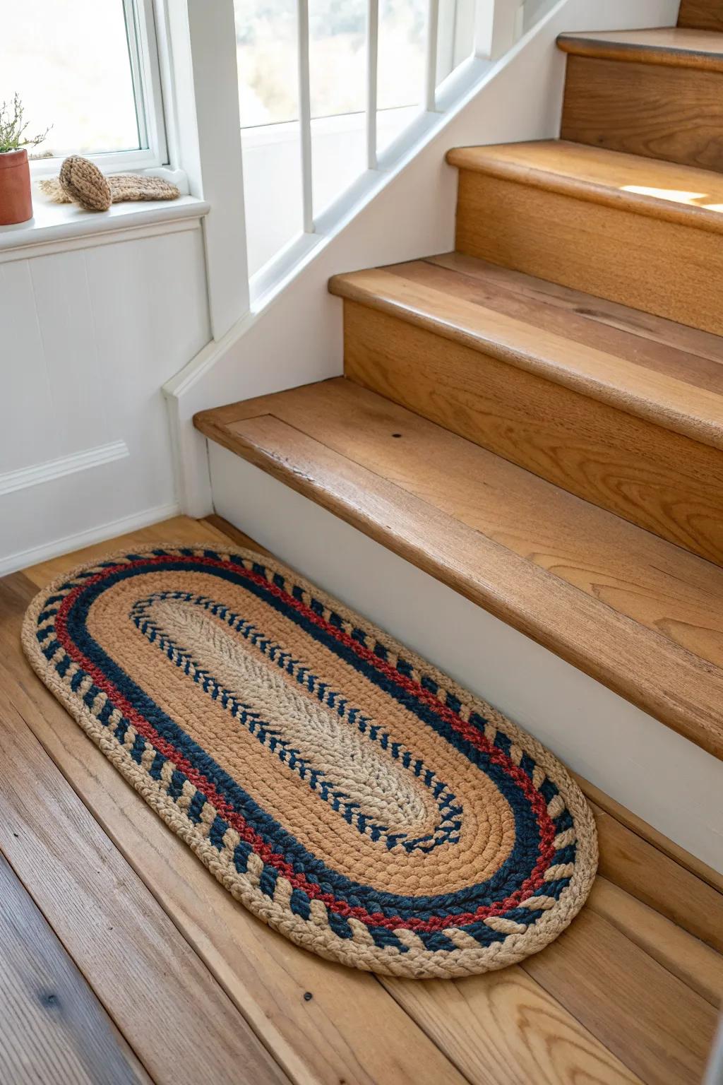 Oval braided rug treads add cottage warmth while letting your open wood staircase shine.