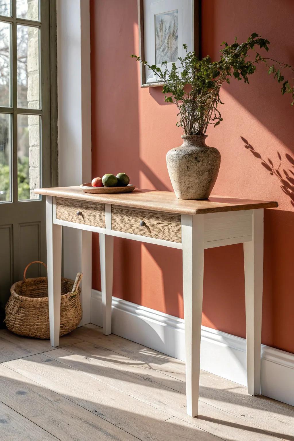 Plaster-textured painted base + oak top: a bold yet calm console table makeover idea.