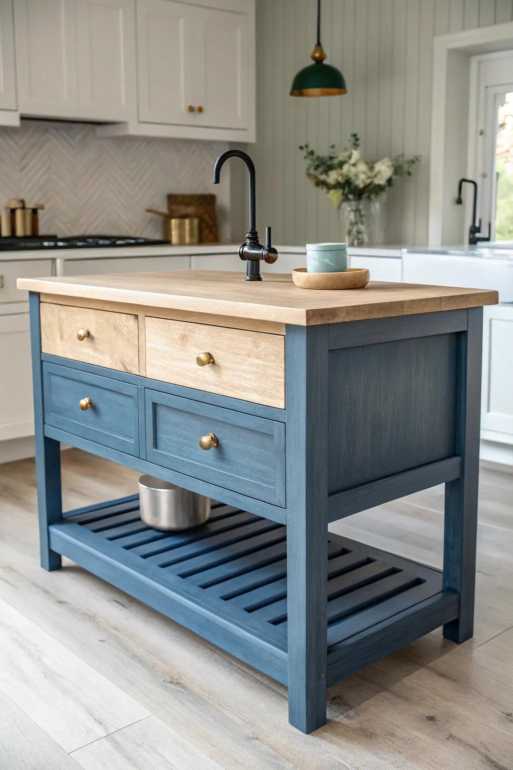 Artsy ombre kitchen island: deep navy at the base fading to airy light near the top.