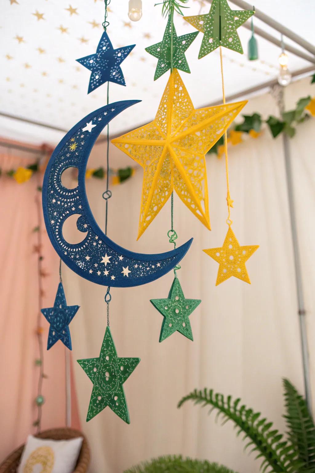 Elevate your space with a touch of magic and craftsmanship: A stunning ceiling mobile with stars and moons.