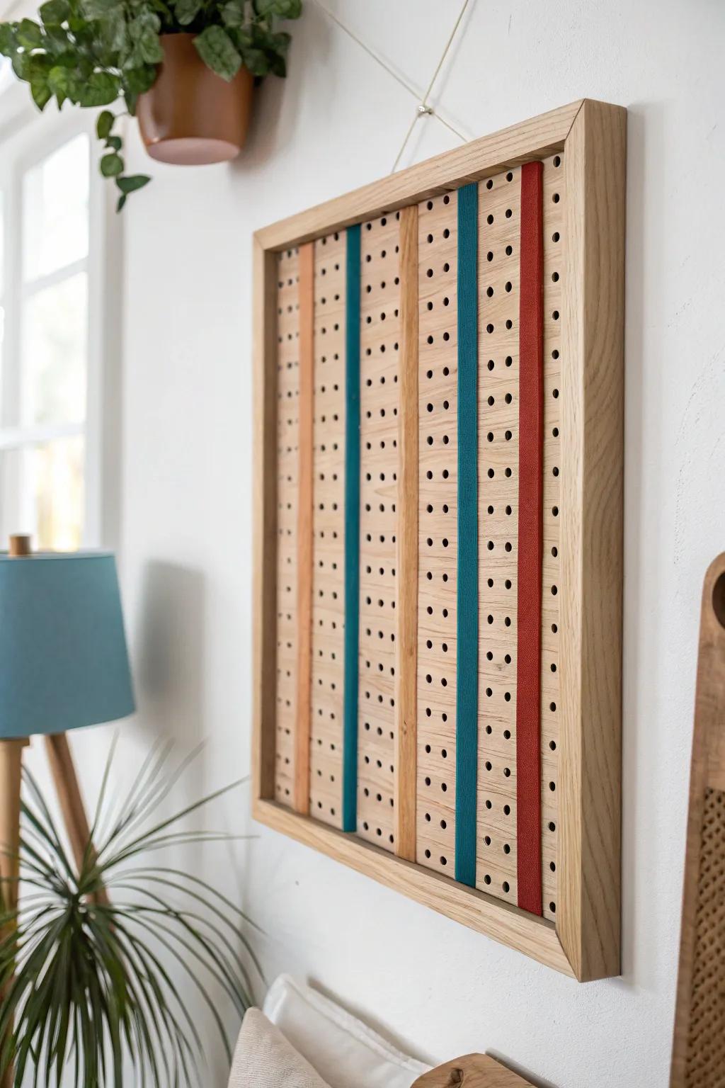 Turn storage into art: a wood-framed pegboard with glossy resin inlay accents at home.