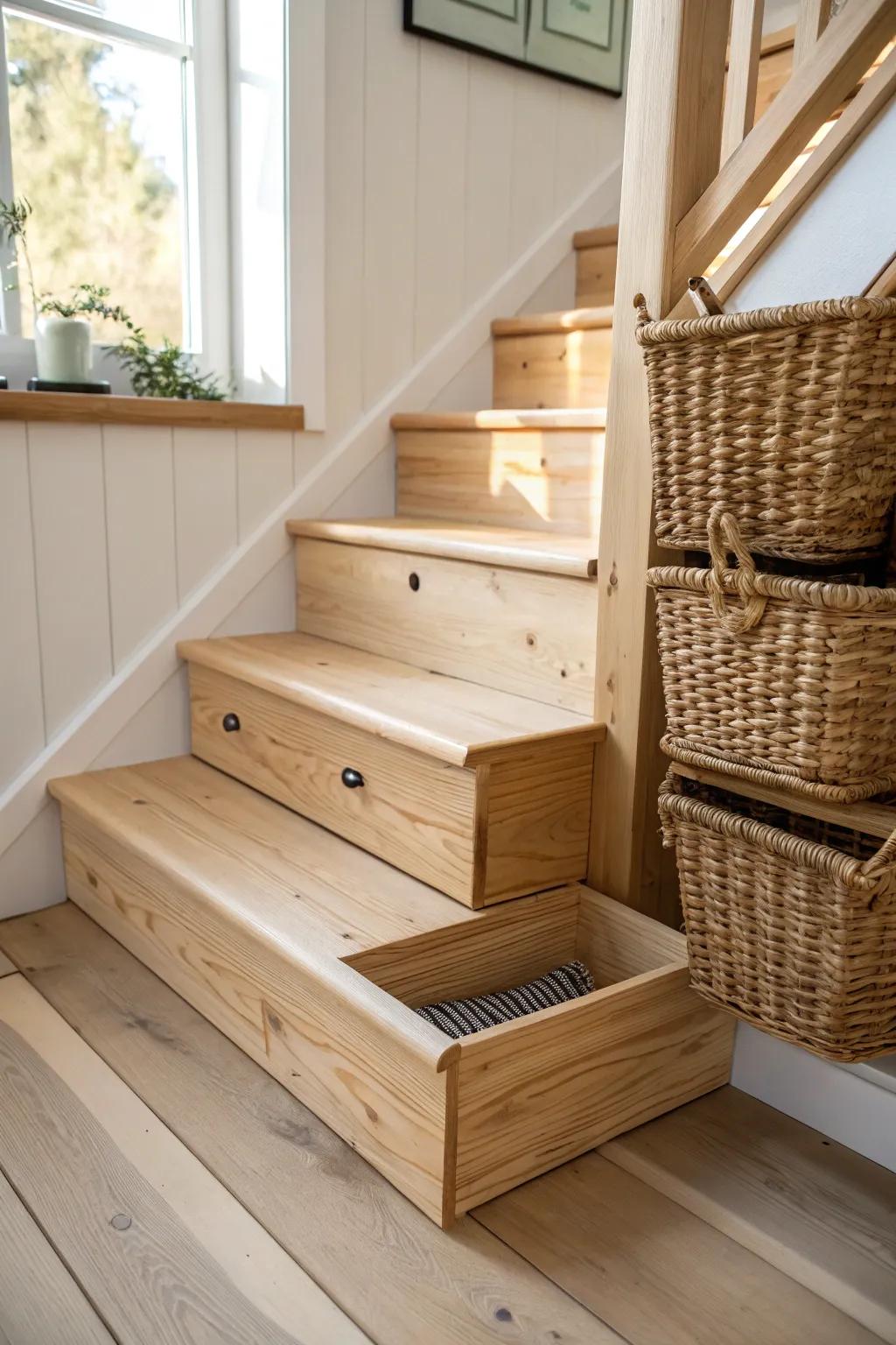 Hidden riser drawer in a pine staircase—seamless lines, surprise storage, crafted beauty.
