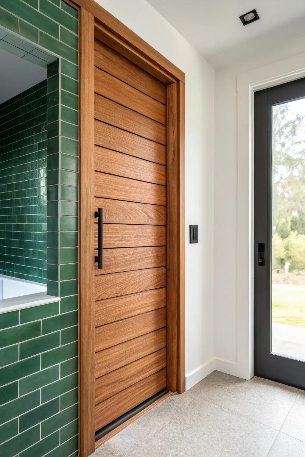 A waterproof teak pocket door makes a tight shower entry feel sleek, serene, and space-smart.