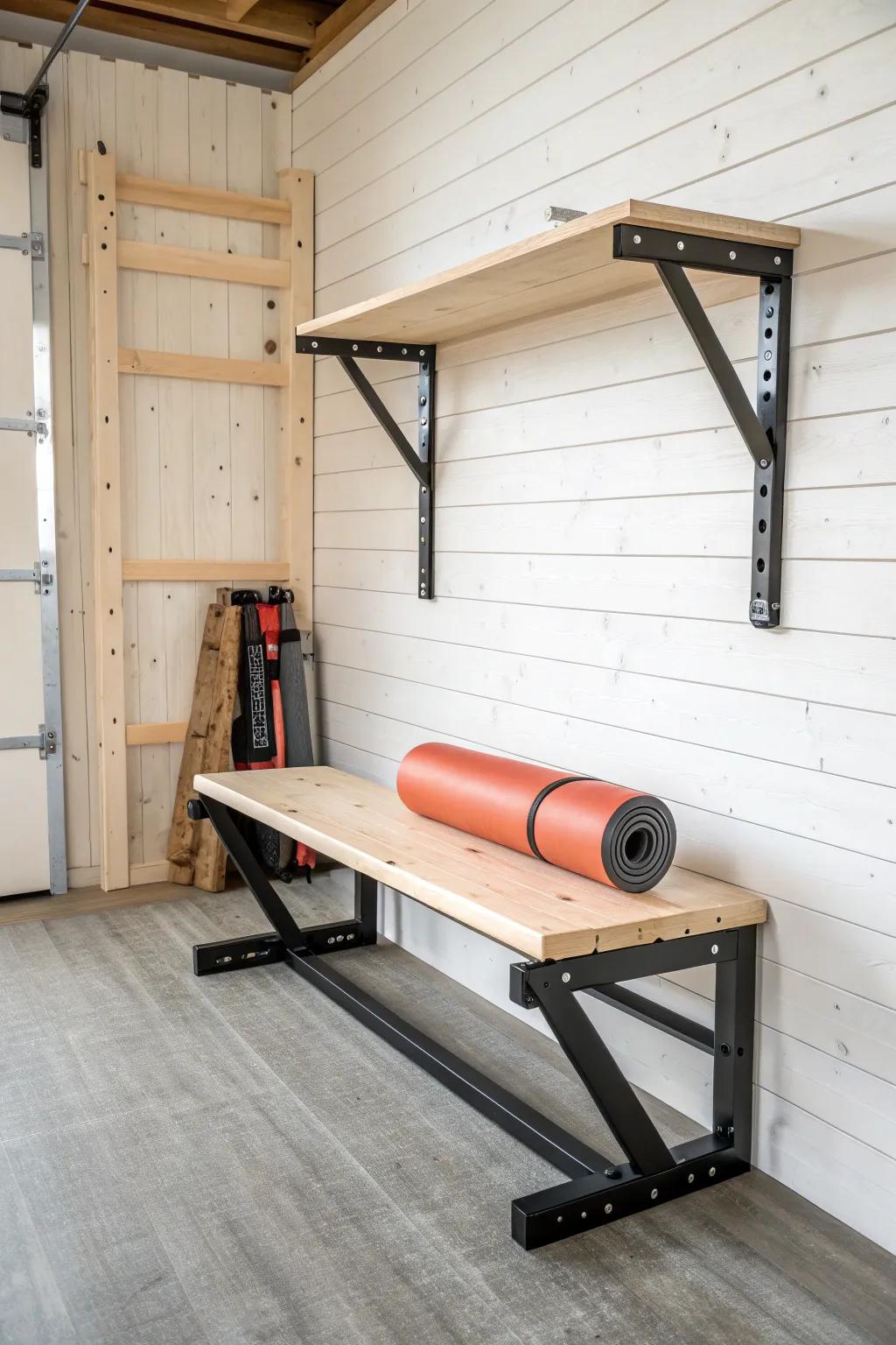 Fold-down workbench bench that keeps your pole barn gym open—minimal, sturdy, beautiful.
