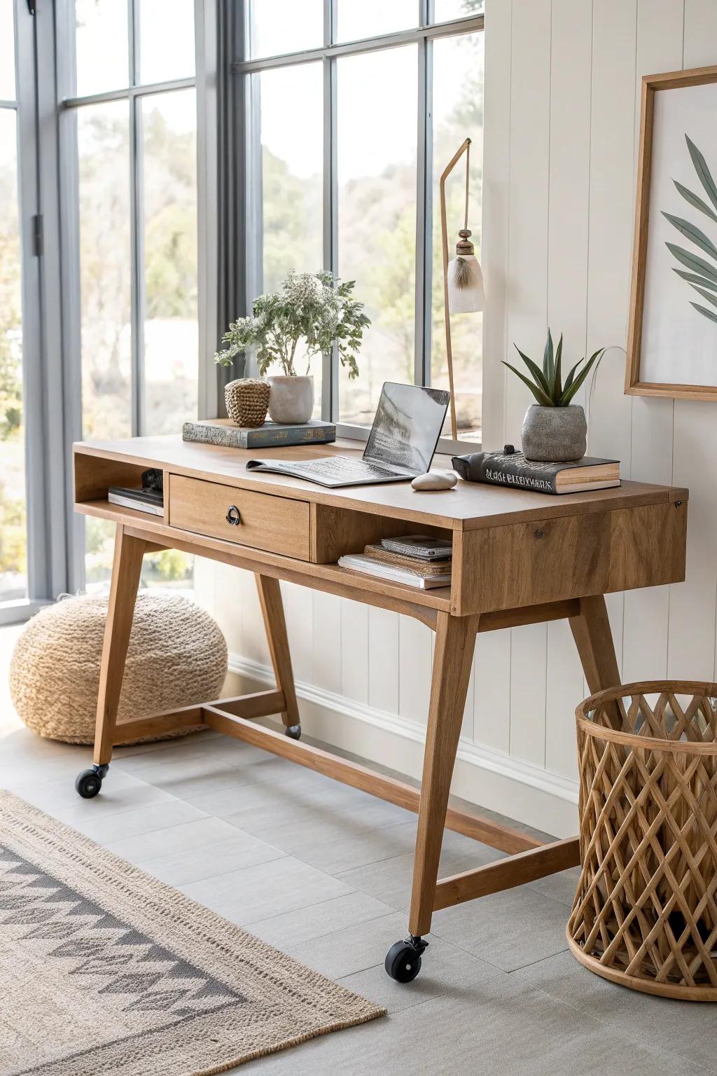 Transform your workspace with a chic, mobile desk—where Scandinavian simplicity meets Boho charm.