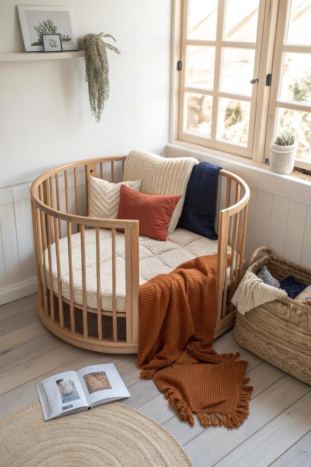 Turn a round crib into a dreamy reading nook—soft cushions, warm wood, and boho calm.