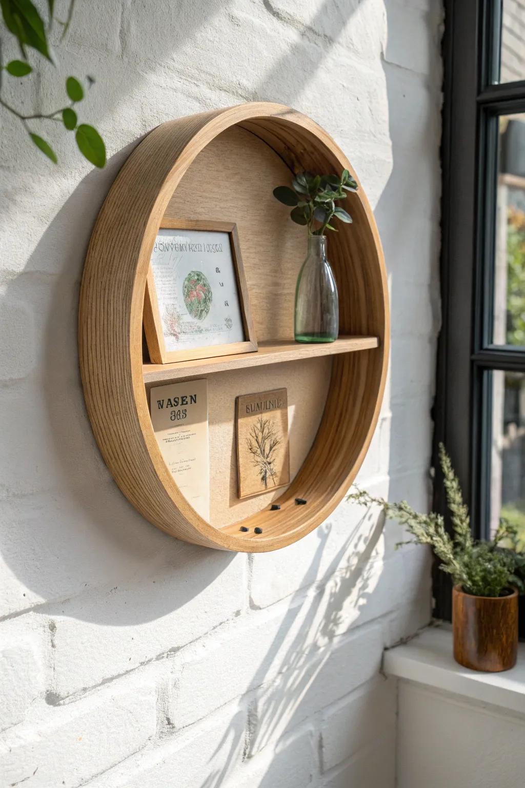 A tiny shadowbox on a round shelf turns one pressed flower and ticket into artful décor.