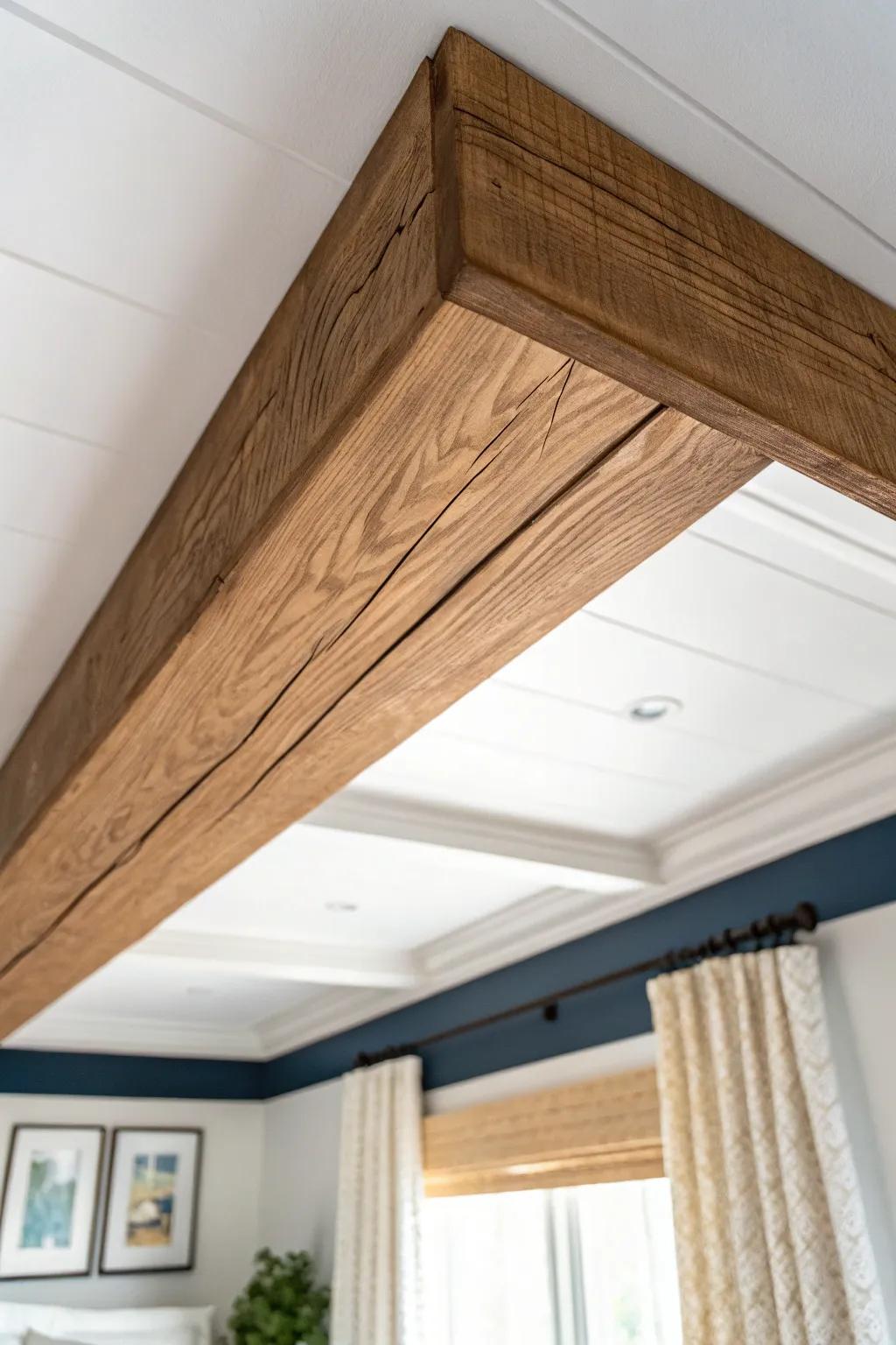 A single faux box beam adds cabin charm—rustic warmth with clean Scandinavian calm.
