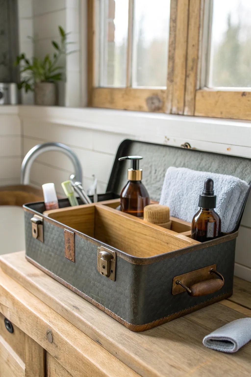 Upcycled metal toolbox vanity organizer with wood dividers—rustic, chic, and practical.
