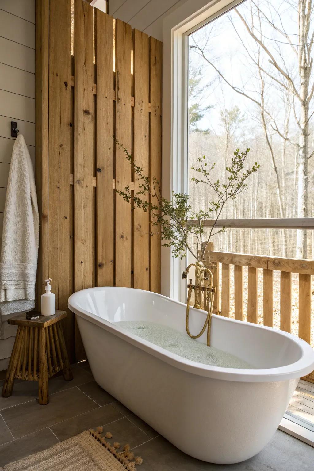Porch-style tub moment: matte white + honey cedar screen for a rustic, spa-like soak.
