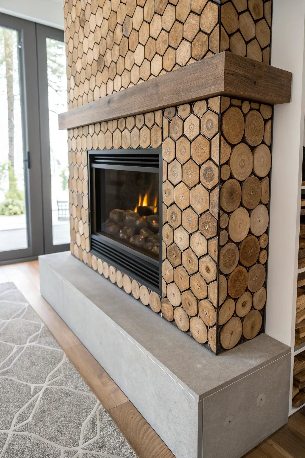 Corner fireplace wow: sealed wood-slice honeycomb surround with crisp stone contrast.