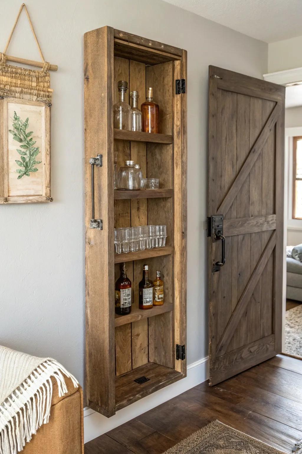 Old door, new happy hour: a fold‑down cabin bar that hides shelves for bottles and glasses.