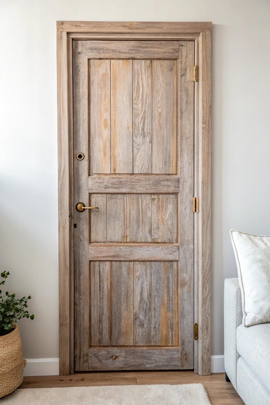 An upcycled door in weathered grey reveals warm brown grain—instant rustic wall drama.