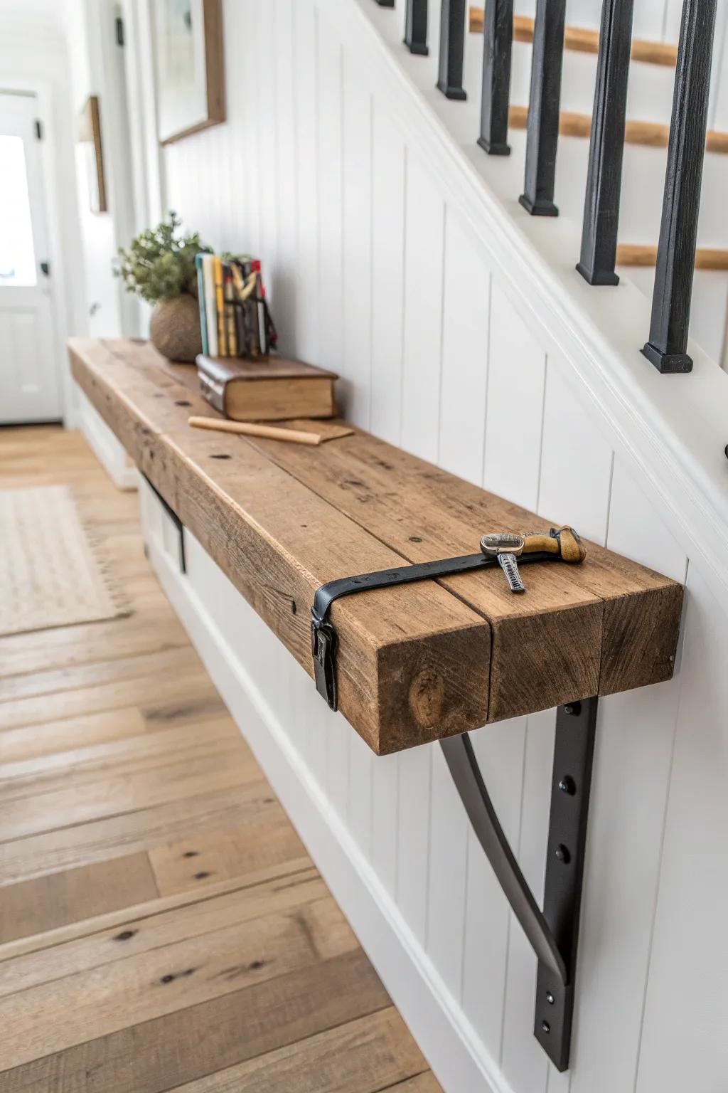 A tiny fold-down wood ledge turns your hallway into a rustic, minimalist micro fix-it station.
