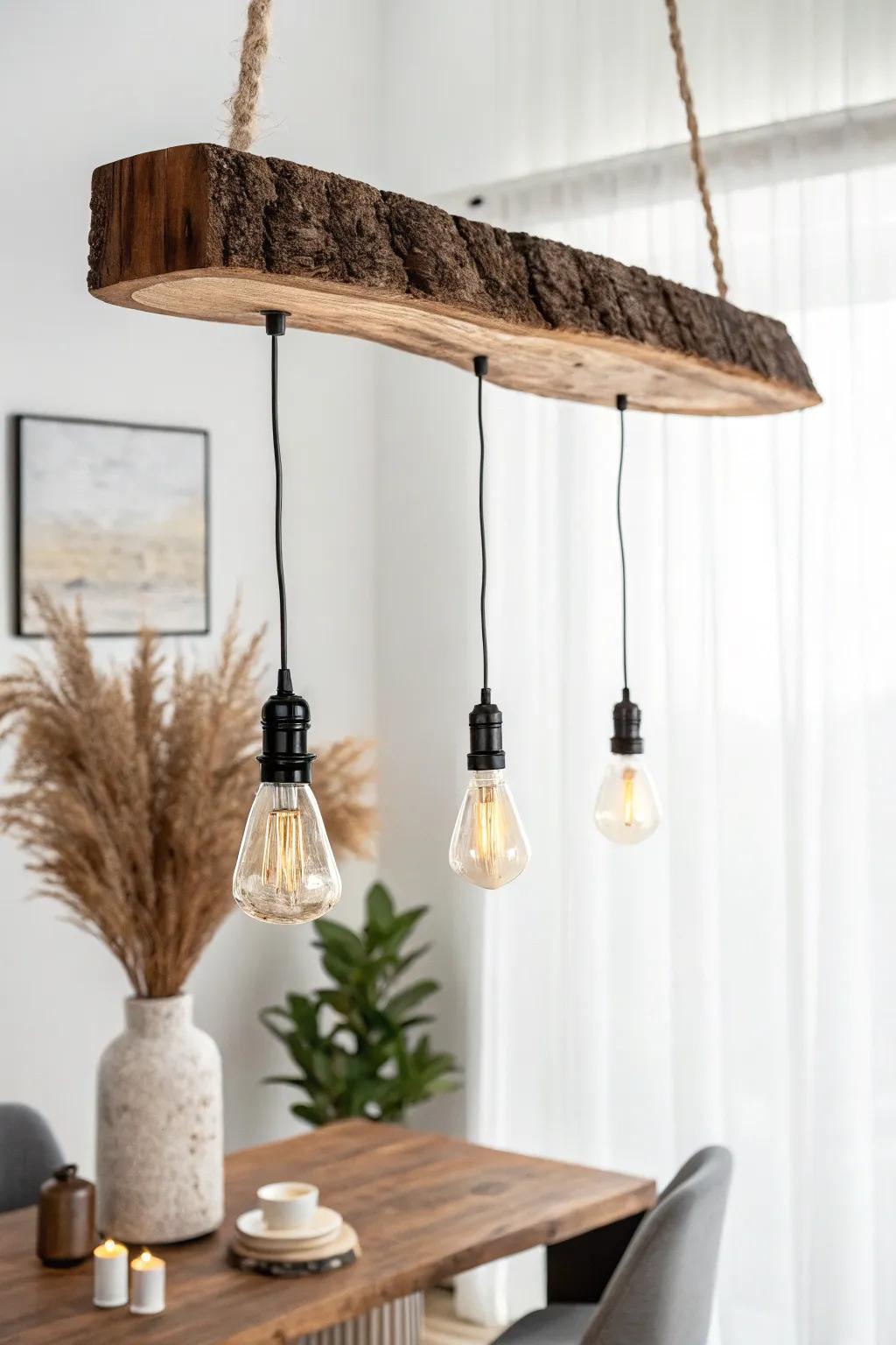 Live-edge walnut pendant bar with minimalist sockets—rustic grain, warm glow, and clean contrast.