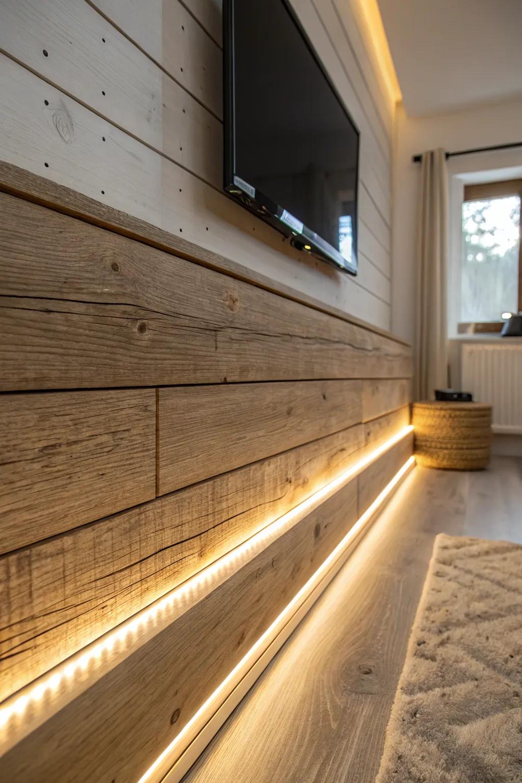 Rustic shiplap with a hidden light wash—warm glow that makes every grain look luxe.