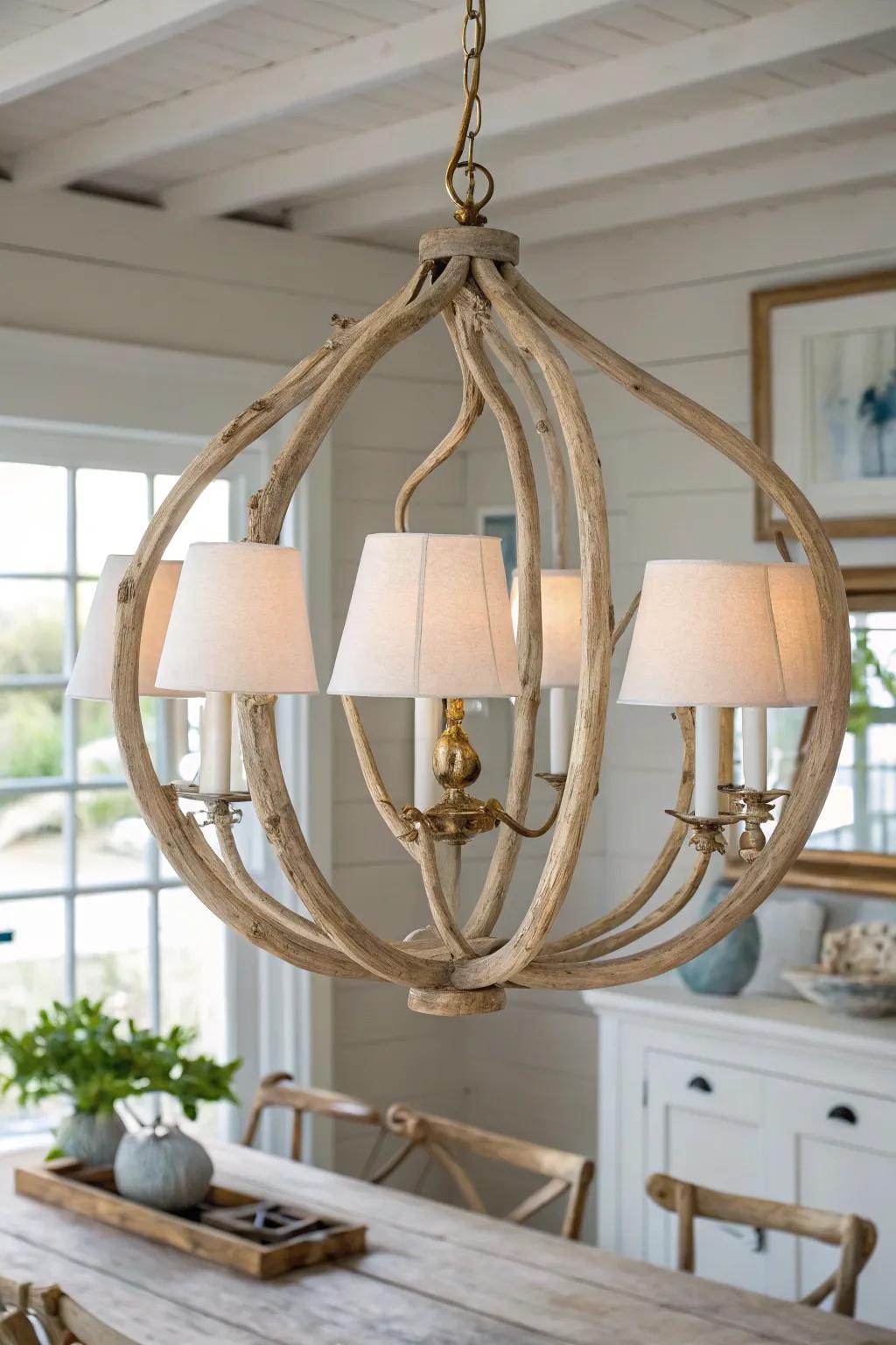 An airy driftwood chandelier adds a bold, handcrafted Scandinavian statement above the table.