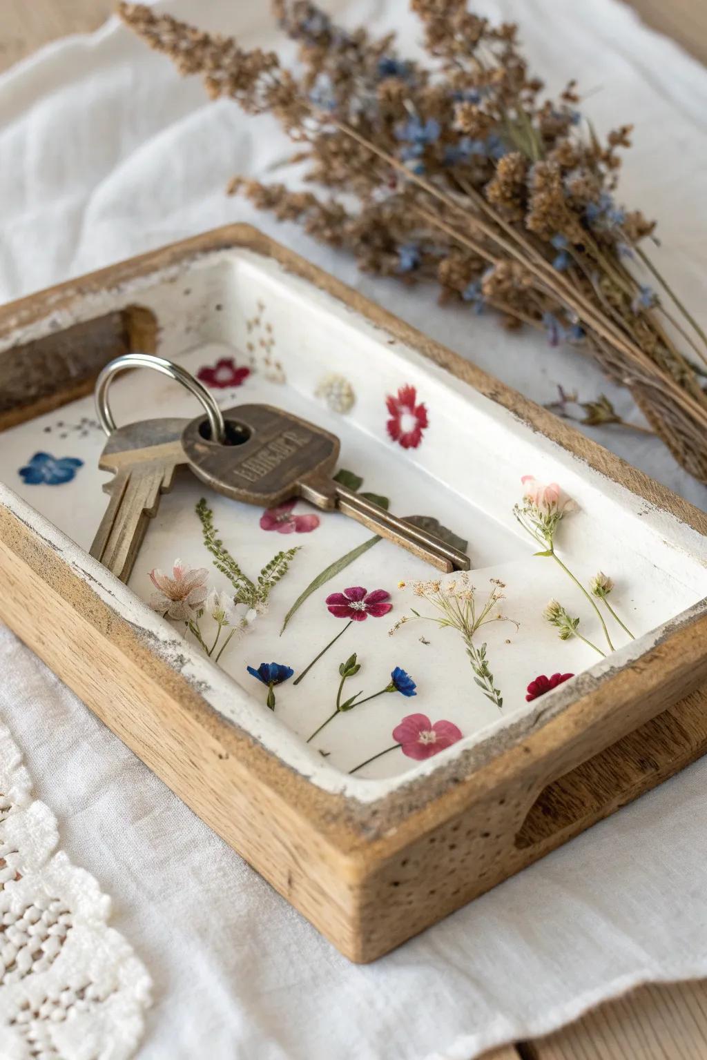 Rustic scrap-wood key tray with a clear resin flower inlay—shabby chic with a glossy twist.