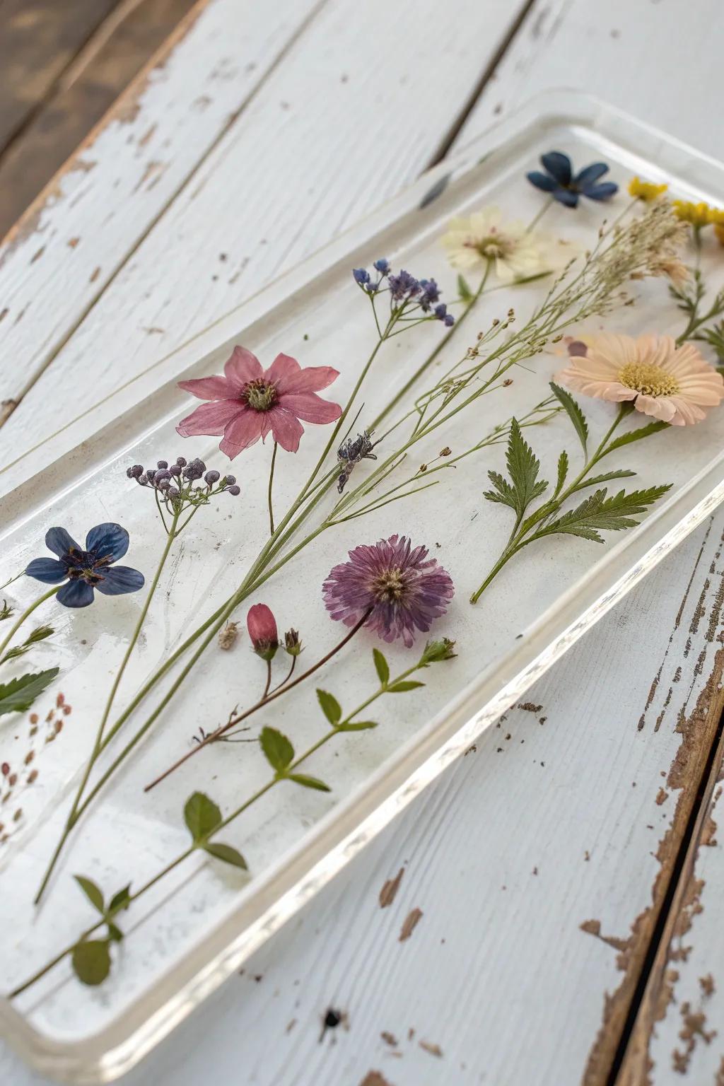 A glossy pressed-flower resin topper turns a distressed desk into a secret garden workspace.