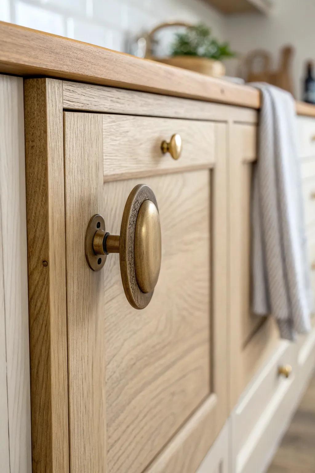Vintage shaker charm: a warm brass knob on a wooden backplate for an instant heirloom feel.