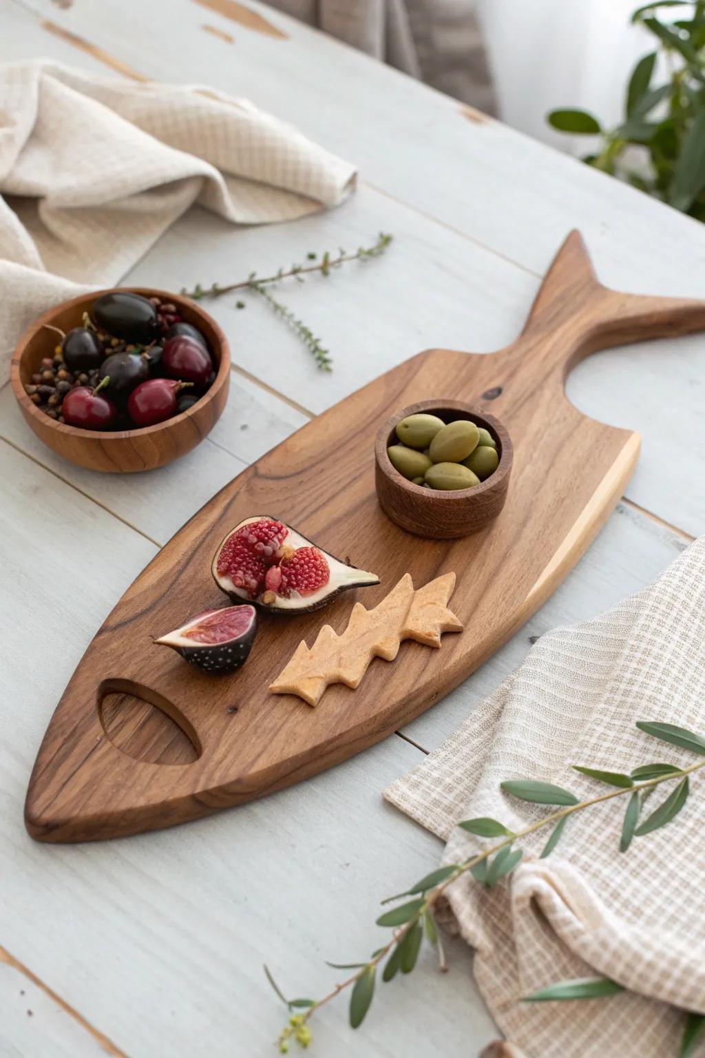 A shark board with a hidden “bait” drawer—watch guests spot the secret snack stash.