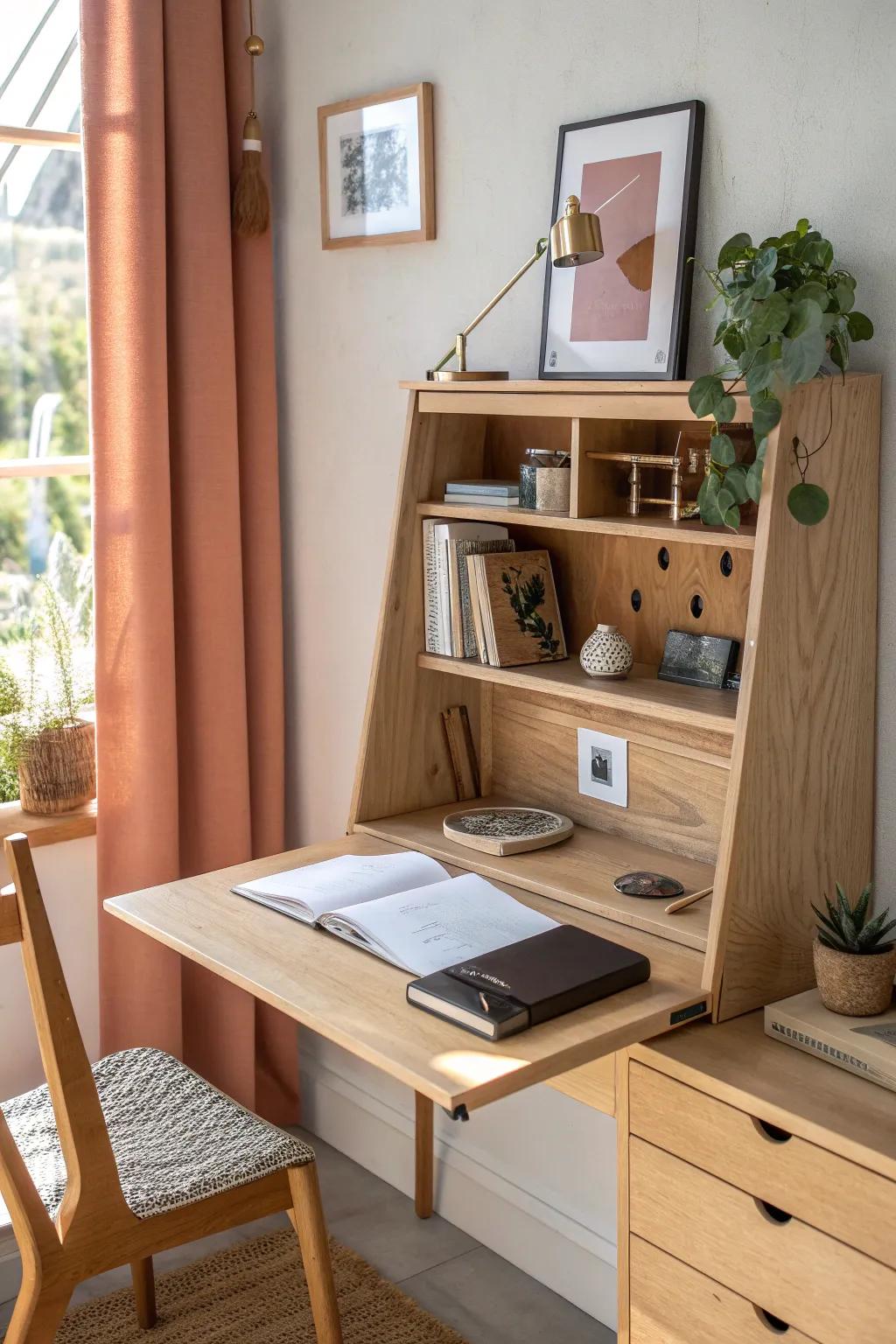 A fold-down shelf cover that hides clutter and becomes a mini desk in seconds—clean and chic.