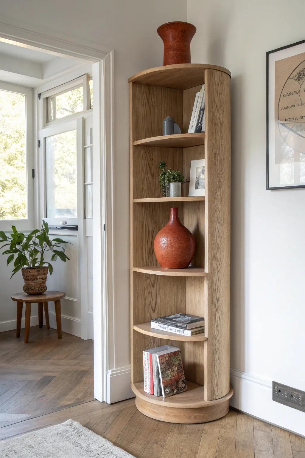 Curved wraparound corner shelves in light oak—custom, soft-edged, and beautifully space-saving.