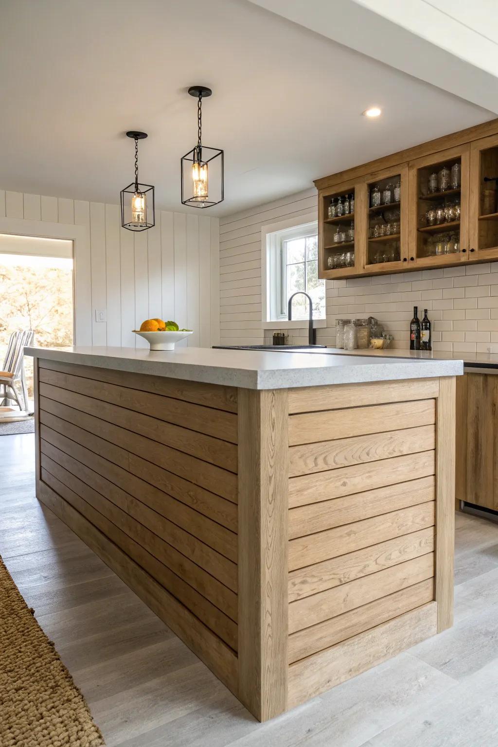 Smooth concrete top meets warm shiplap base—rustic texture with modern, minimalist contrast.