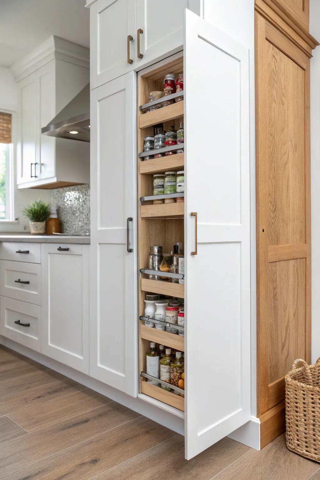 A secret skinny cabinet that looks like a filler panel—then glides out with hidden storage.