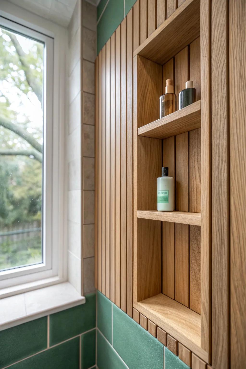 Sealed oak slats in a shower niche: warm wood texture against bold tile, clean and luxe.