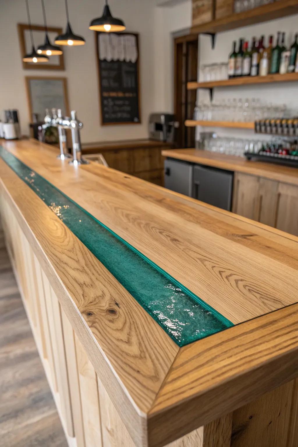 A slim emerald resin “river” transforms a simple oak bar top into a basement showpiece.