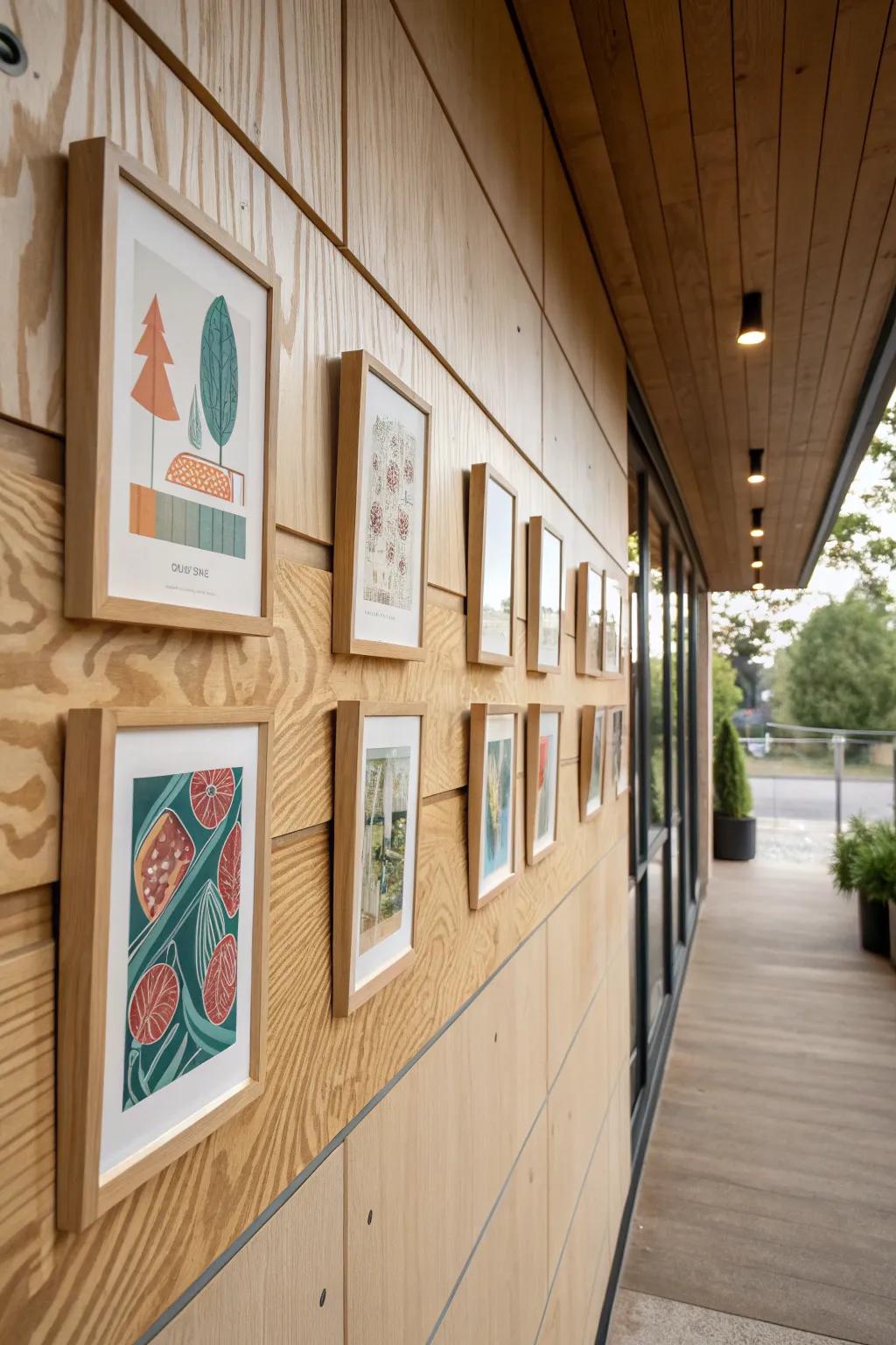 Sealed plywood mini gallery wall: breezeway-ready art with warm wood grain and bold color.