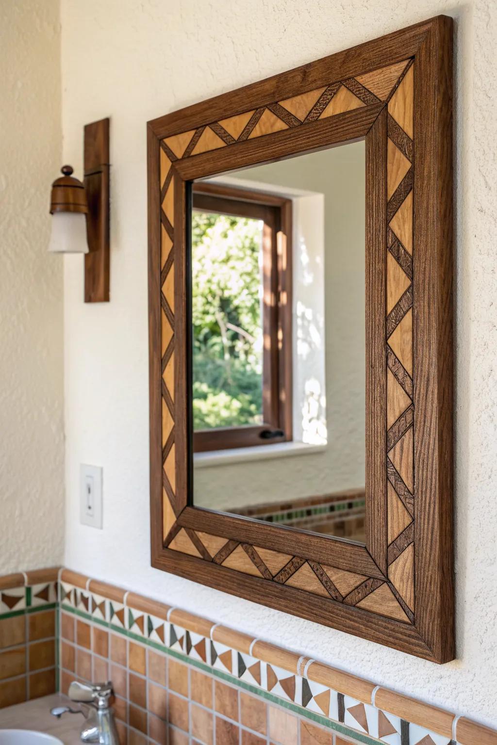 Tiny geometric wood inlay turns a simple mirror into a Craftsman bathroom showpiece.