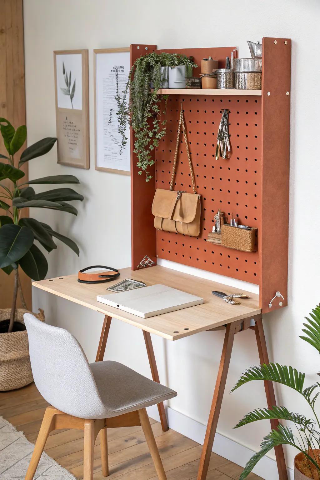 Fold-down pegboard micro desk: tiny footprint, big craft vibes in warm Scandinavian style.
