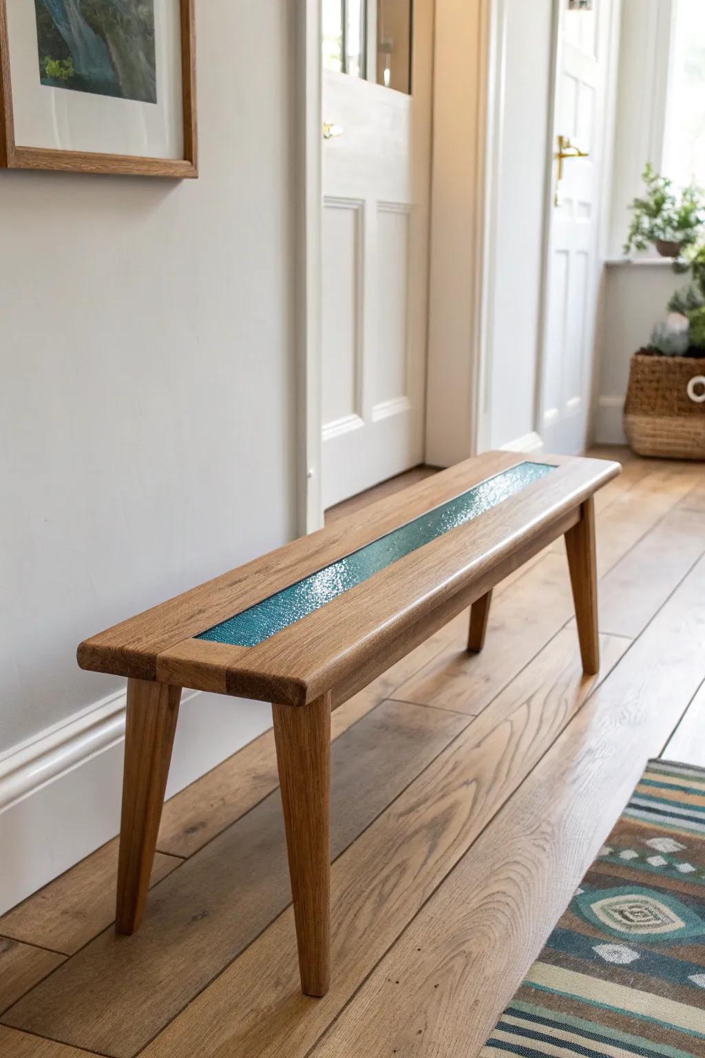 A small entryway bench with a slim resin “river” inlay—minimal, bold, and unforgettable.