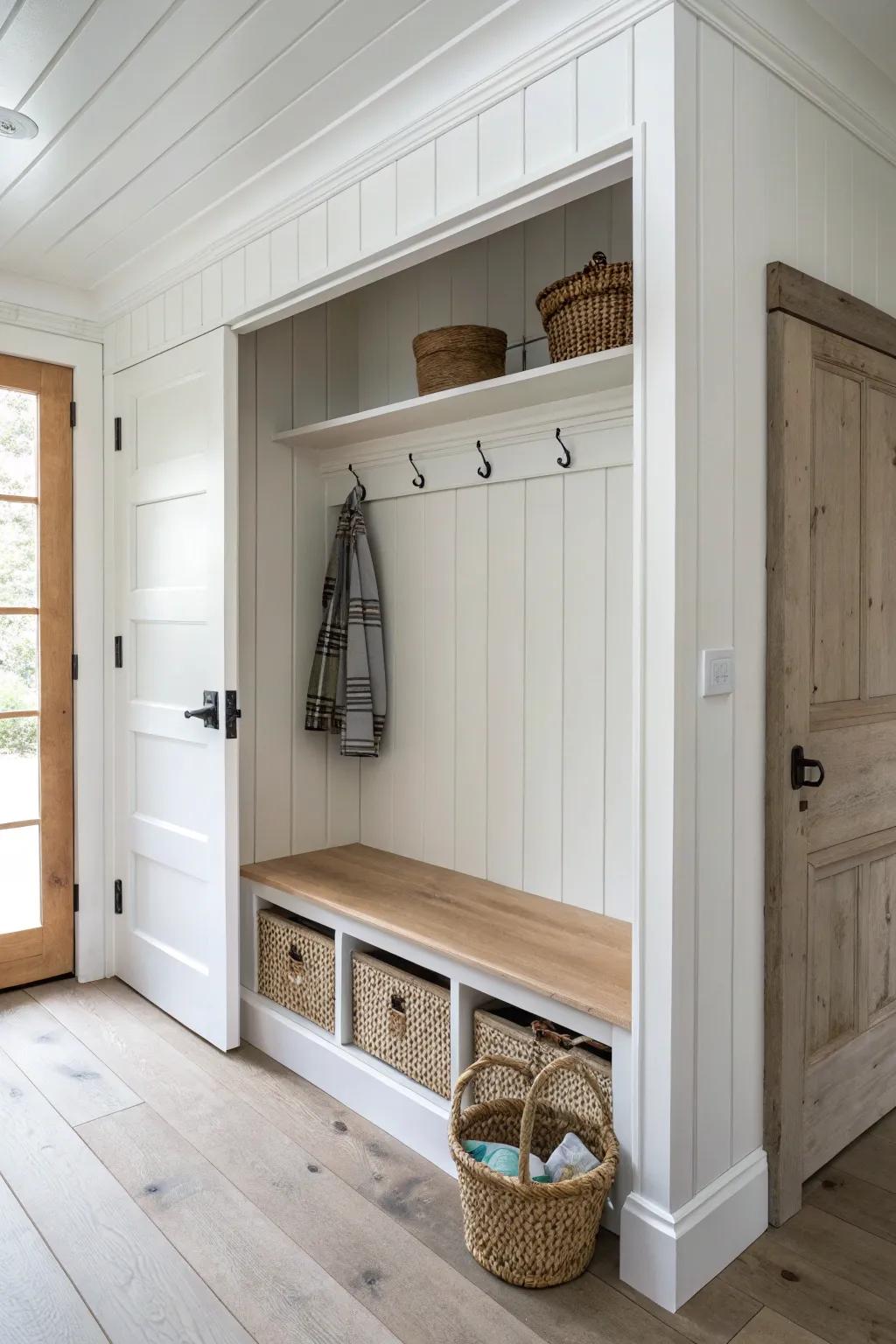 A shiplap panel that swings open—secret farmhouse storage for tools and cords, beautifully hidden.