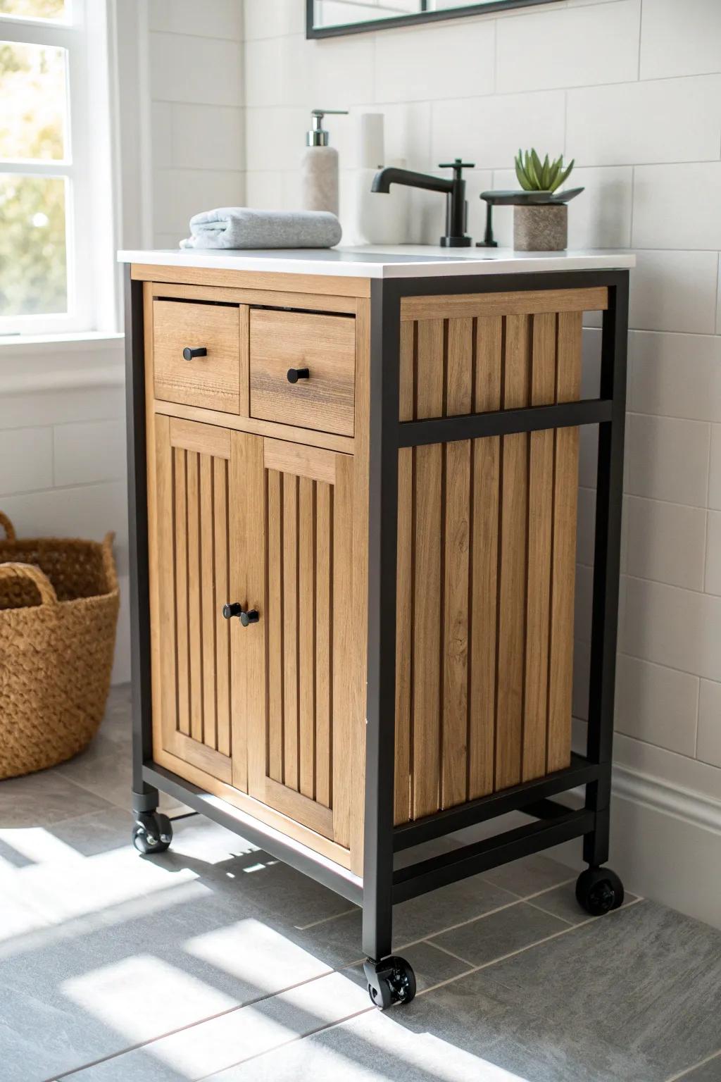 Skinny wood-slat rolling cart with black pulls—farmhouse storage that tucks beside the vanity.