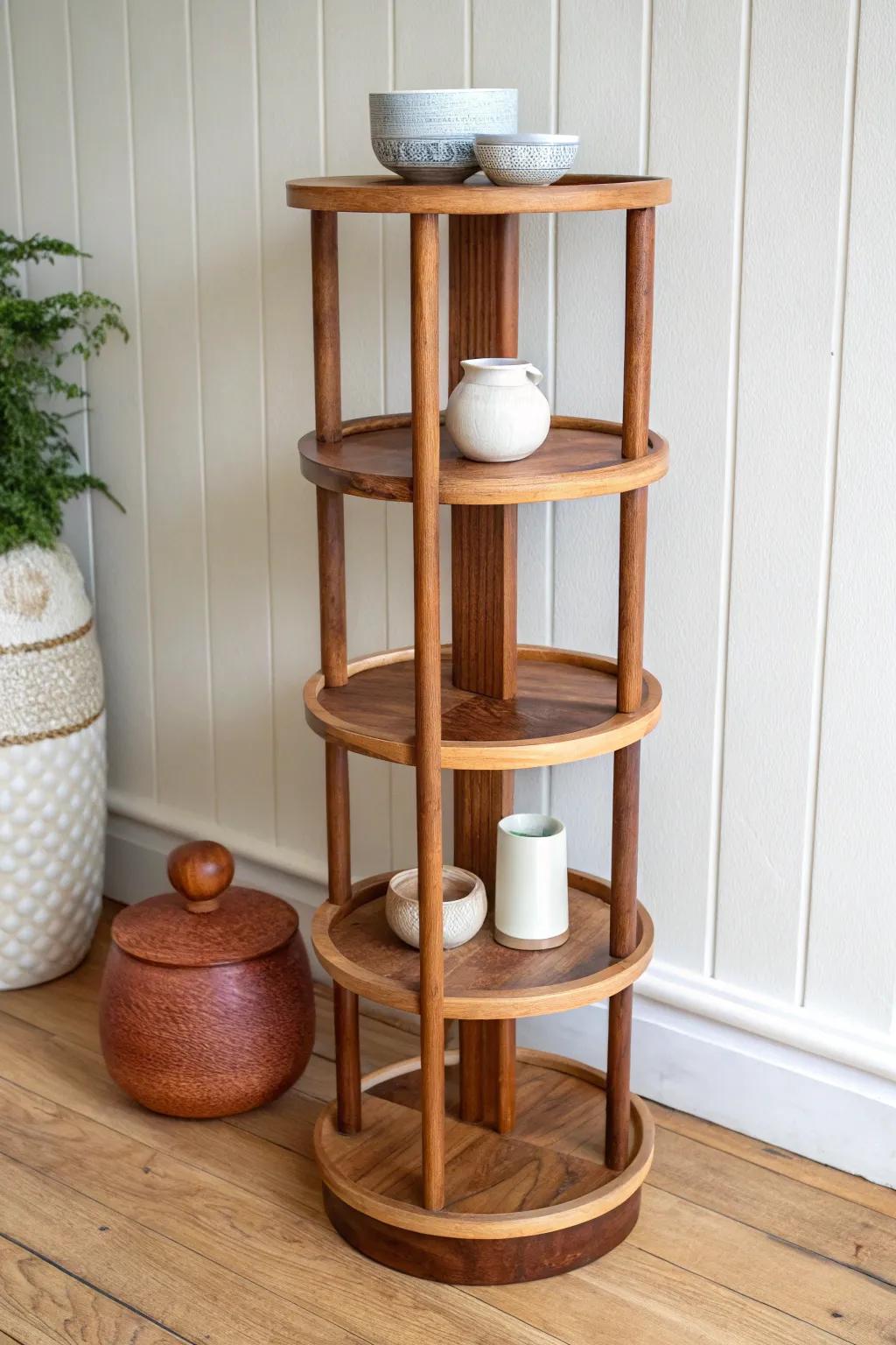 A handcrafted rotating shelf tower—small footprint, big wow factor for tiny retail spaces.