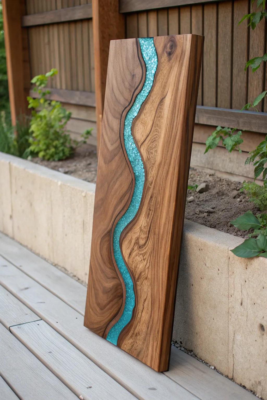 Resin canyon river wall art—warm walnut, desert tones, and a bold turquoise inlay.