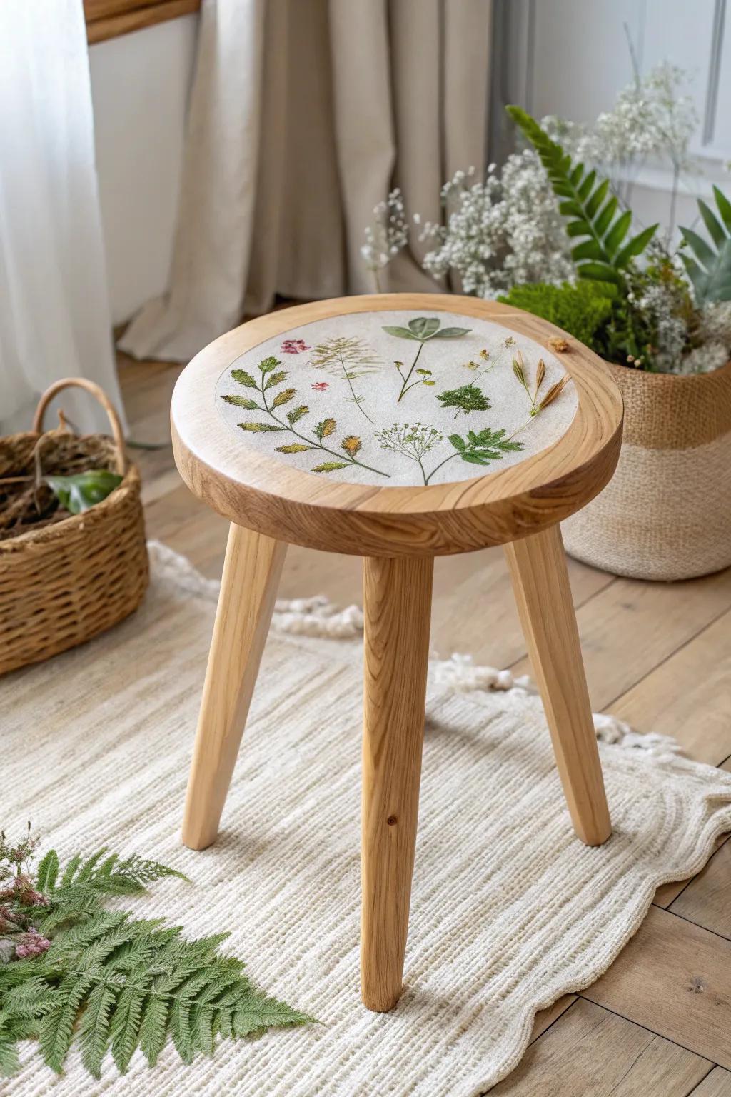 Pressed flowers in a clear resin seat turn a simple stool into a functional art piece.
