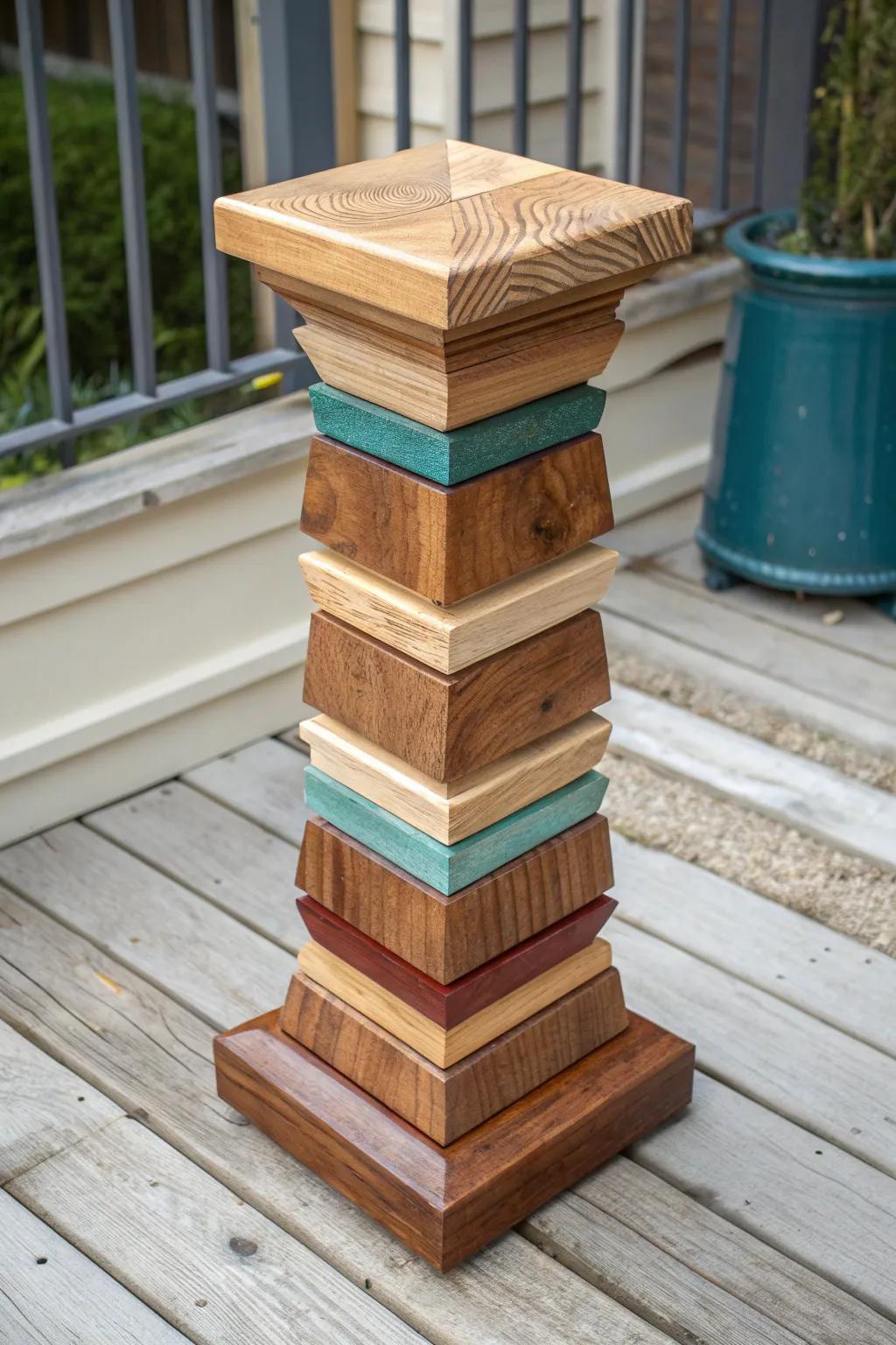 Stacked offcut stool: a modern wood totem with a hidden center pin and bold, earthy contrast.