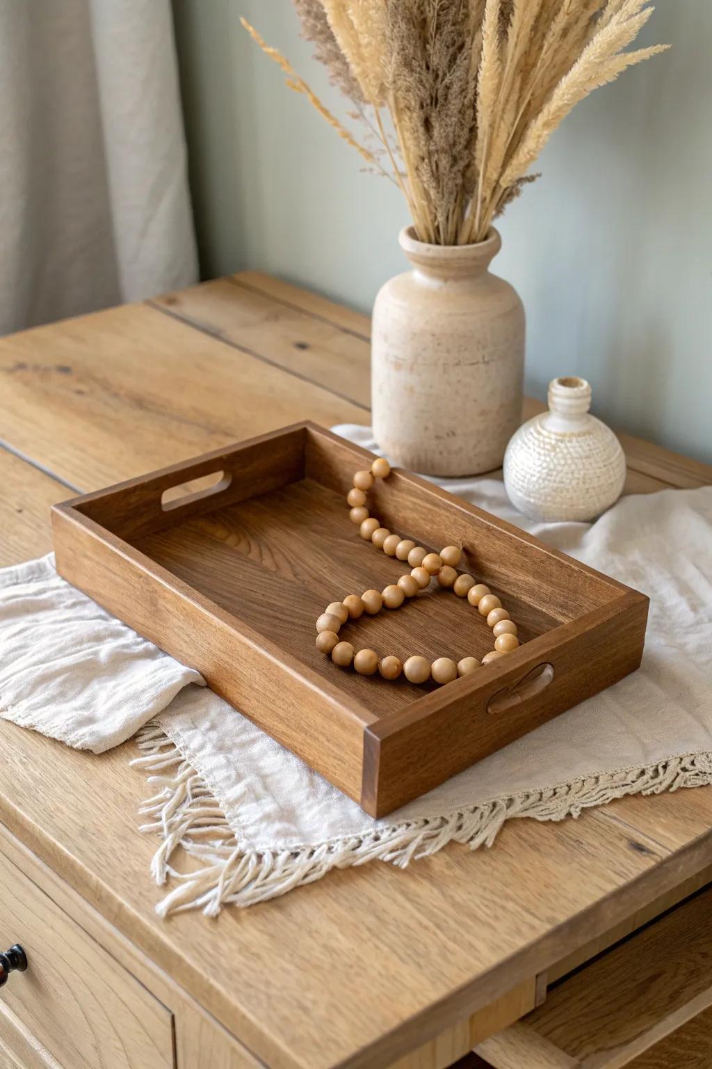 Flip a shallow drawer upside down to create a mini “stage” that makes any tabletop pop.