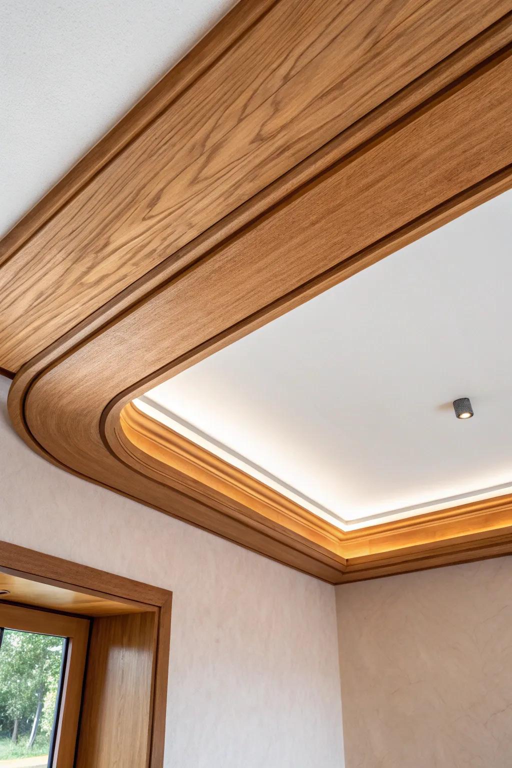 Bent wood curves soften tray ceiling corners—minimal, handmade trim with a designer feel.