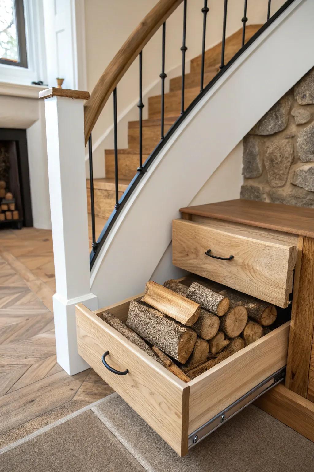 Chunky firewood drawer under curved stairs—rustic warmth with clean Scandinavian lines.