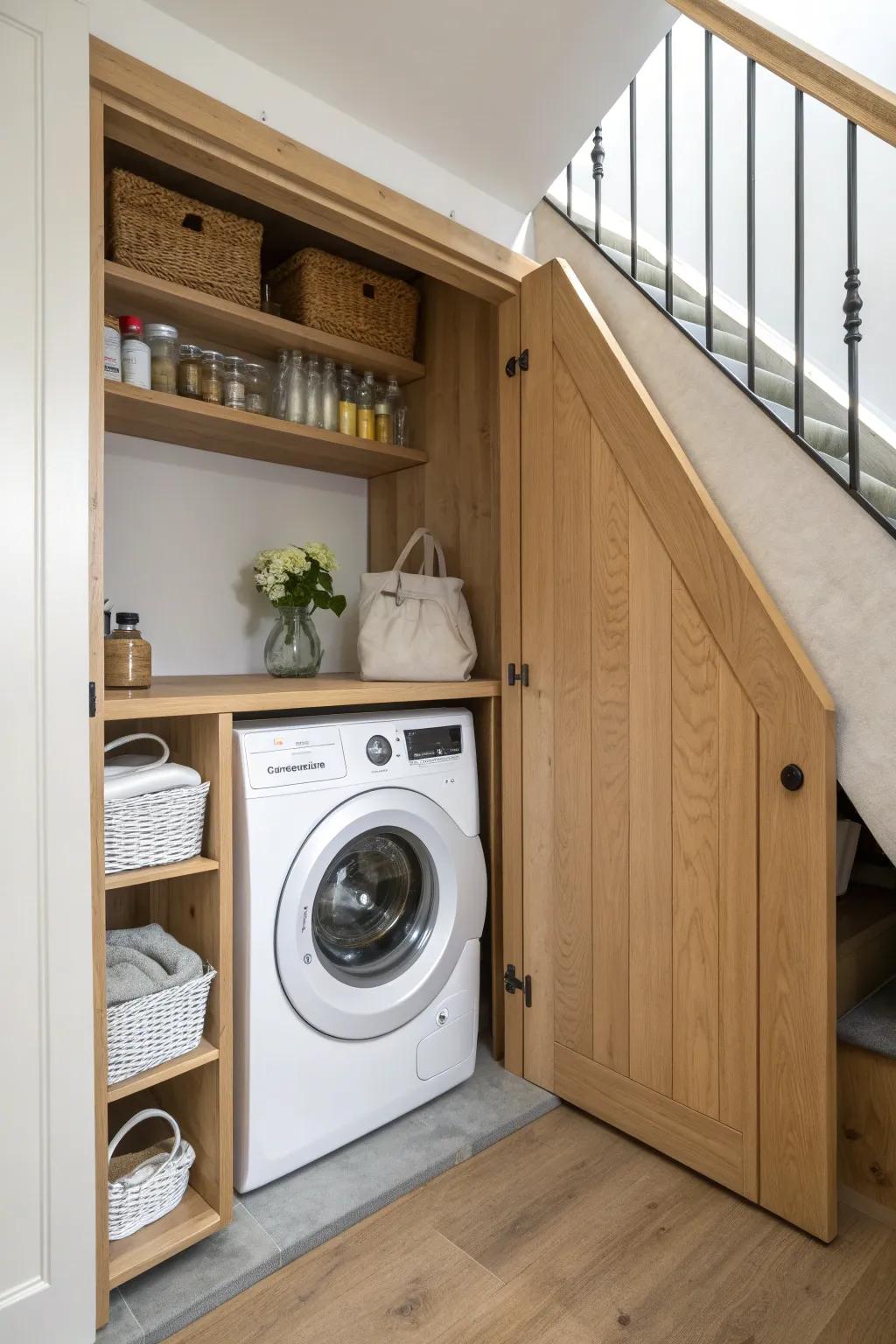 A hidden under-stair laundry nook—oak folding counter, jars on display, calm yet bold contrast.
